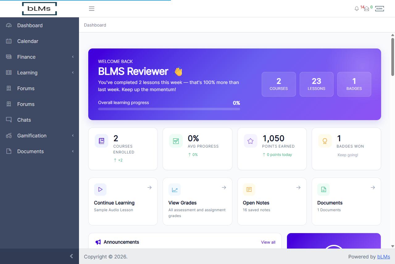 bLMs learner dashboard showing courses enrolled, progress, points and badges