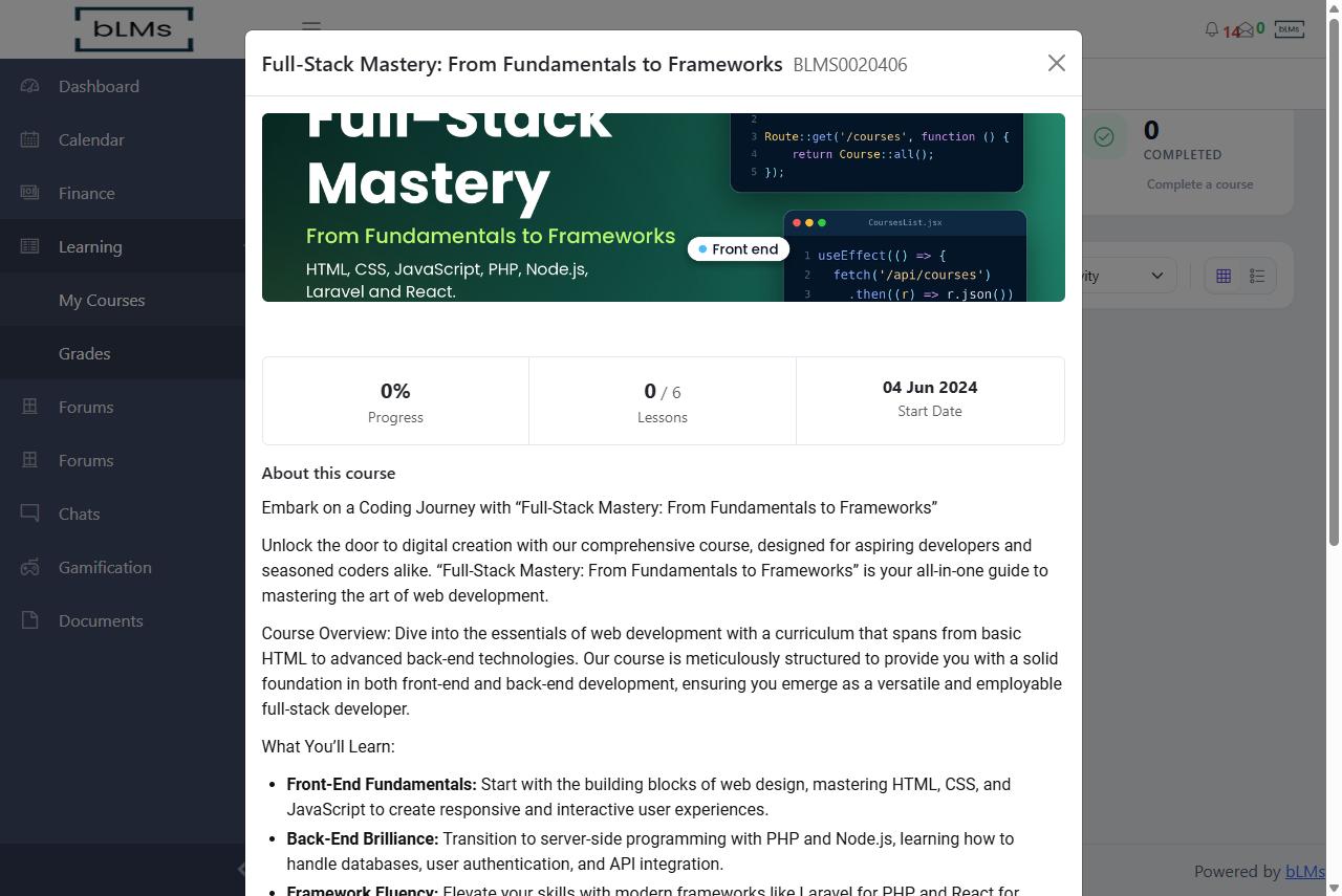 bLMs course page showing progress, lessons and start date