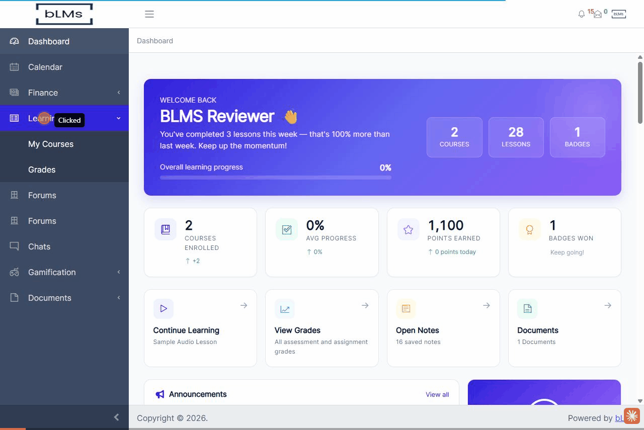 Animated walkthrough of the bLMs course, module and grades screens