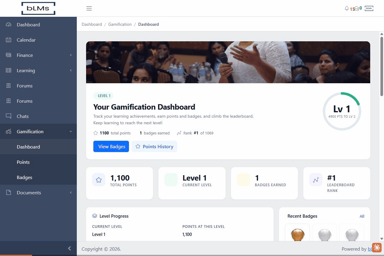 Animated walkthrough of the bLMs gamification, calendar, documents, chats, forums and finance screens