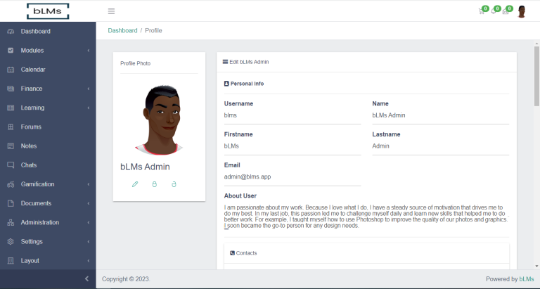 BLMS user management features allow administrators to manage user accounts and permissions of students, instructors, and other users of the system. In user management, the following functions are included: user registration, user profile management, additional user fields, groups, user enrolment, tracking, and reporting.